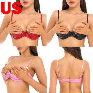 AU Womens Bralette Faux Leather 1/4 Cups Underwired Hollow Out Bra Top Lingeries - Picture 1 of 34