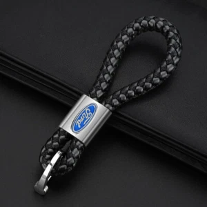 Black Leather Braided Keychain Strap Metal Emblem Key Chain Key Ring for Ford - Picture 1 of 2