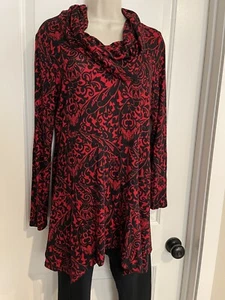 Cupio Tunic Top Asymmetrical Hem Long Sleeve Red & Black New With Tags Medium! - Picture 1 of 8