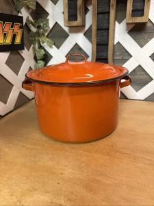 Vintage Enamelware Stock Pot Burnt Orange/Black Trim & Lid Double Handles 6"x 9” - Picture 1 of 6