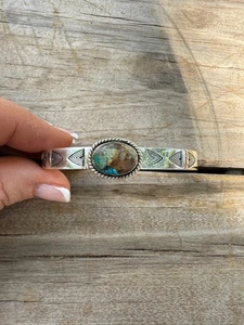 Handmade Sterling Silver & Royston Turquoise Cuff Bracelet - Picture 1 of 4