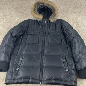 Vintage GAP Puffer Jacket Mens Large Black Faux Fur Hooded Y2K Gorpcore Hip Hop - Picture 1 of 14
