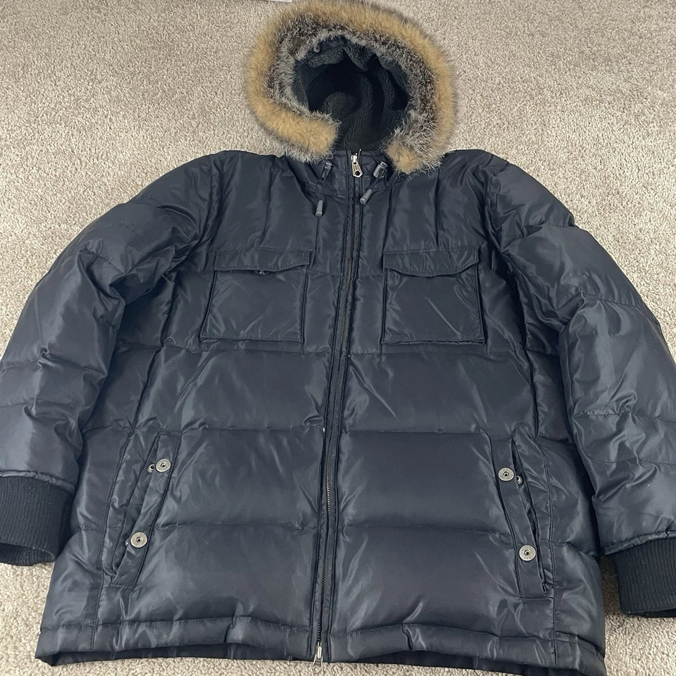 Vintage GAP Puffer Jacket Mens Large Black Faux Fur Hooded Y2K Gorpcore Hip Hop - Image 1 of 4
