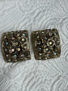 Vintage Gold-Toned Rectangular Aurora Borealis (AB) Rhinestones Floral Clip On - Picture 1 of 12