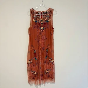 Johnny Was Biya Krioh Mesh Floral Embroidered Midi Dress w/Slip red SZ XL - Picture 1 of 7