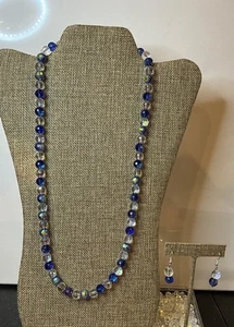 Collar y pendientes 925 hechos a mano con cuentas de cristal aurora boreal azul y transparente Q - Imagen 1 de 5