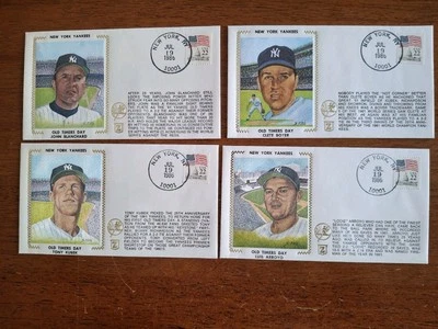1986 US COVER  YANKEES BASEBALL OLD TIMERS GAME ZASO SILK CACHET SET OF 4 - Image 1 of 3