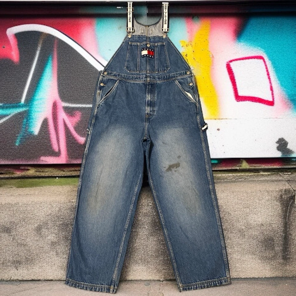 Macacão jeans vintage anos 90 Tommy Hilfiger masculino grande azul logotipo solto hip hop - Imagem 1 de 4