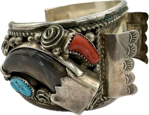 Orologio da polso Vintage GE Uomo Cinturino Nativo Sterling con Artiglio Turchese - Foto 1 di 10