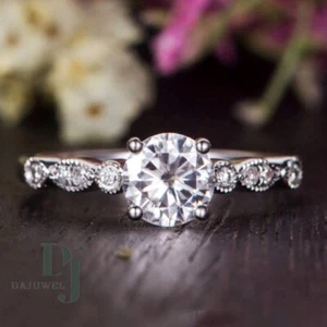 Moissanite Solitaire Engagement Ring 2.20 Carat Round Cut Solid 14K White Gold - Picture 1 of 9