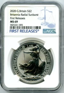 2020 GREAT BRITAIN 1OZ SILVER BRITANNIA RADIAL SUNBURST NGC MS69 FIRST RELEASES - Picture 1 of 2