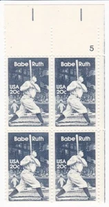 Plate Block of Four 1983 Babe Ruth 20c USA Stamps Mint NH Baseball Scott #2046 - Picture 1 of 4