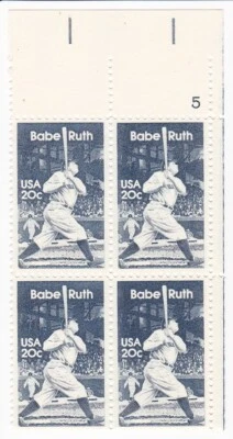 Plate Block of Four 1983 Babe Ruth 20c USA Stamps Mint NH Baseball Scott #2046 - Image 1 of 4