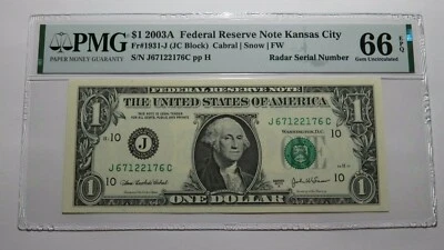 $1 2003 Radar Serial Number Federal Reserve Currency Bank Note Bill PMG UNC66EPQ - Image 1 of 3