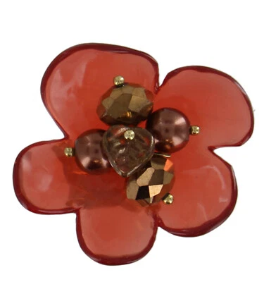 Anel de coquetel feminino grande de plástico vermelho com contas de flores tom dourado ajustável joia - Imagem 1 de 3