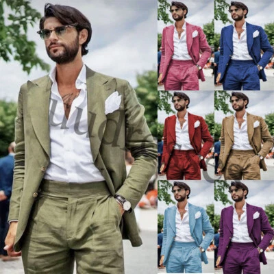 Trajes de lino para hombre 2 piezas ancho pico solapa informal playa blazer novio hombres esmoquin Foto 1 de 4