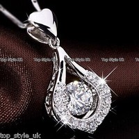 Silver Round Crystal & Heart Necklace Pendant Chain Women Gifts for Girls Ladies