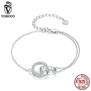 VOROCO Elegante Mujer Plata de Ley 925 Doble Aro Circonita cúbica Pulseras Cadena Joyería - Imagen 1 de 16