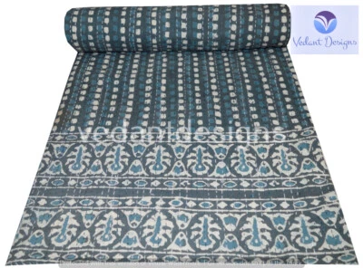 Indian Embroidery Kantha Quilt Bedspread Block Throw Cotton Grey - Image 1 of 4
