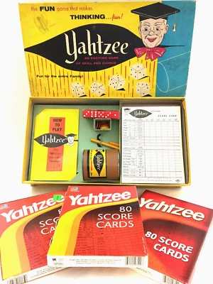 Yahtzee Dice Game 1956 ES Lowe Complete Set Plus Extra MB Score Cards Vintage - Image 1 of 4