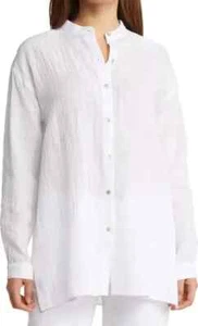 Eileen Fisher WHITE Textured Linen/Cotton Button Tunic Blouse XS oversized $178 - Picture 1 of 13