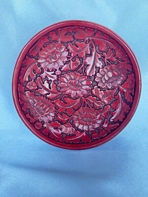 Plato florero antiguo chino vintage de laca de cinabrio ¡muy bonito!! Foto 1 de 4