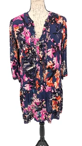 Maeve Dropped Waist Dress Small Navy Multi Tropical Pin Tucks Boho - Picture 1 of 15