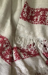 Antiguo mantel con flecos bordado damasco rojo pavo 12 servilletas ~ Finlandia - Imagen 1 de 19