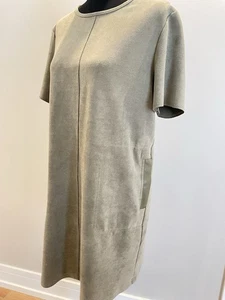 Zara olive green Faux Suede Shift Dress Short Sleeve Faux Leather Hem Pockets M - Picture 1 of 6