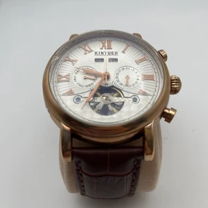 Mens Automatic Mechanical Watch Date Day Rose Gold White Dial Brown Leather 44mm - Picture 1 of 9