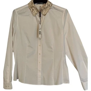 Elie Tahari Top Womens Large White Long Sleeve Button Front Animal Print NEW - Picture 1 of 7