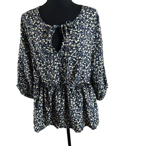 Top floral Shein Curve 2XL estilo peplum manga 3/4 azul marino/amarillo - Imagen 1 de 13
