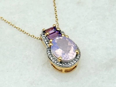Gold On Sterling Silver  Amethyst  / Pink Zircon Pendant 18” Necklace - Image 1 of 3