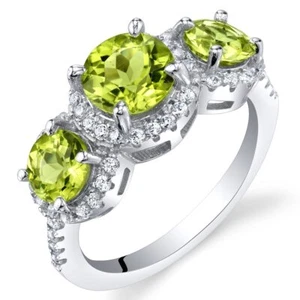 Peora Peridot Three Stone Halo Ring 925 Sterling Silver Round 2.25 Ct Size 5 - Picture 1 of 3