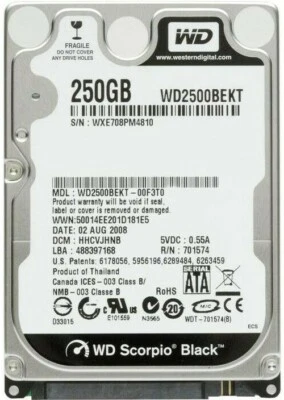 Hard WD Scorpio Black 250GB 7200U/Min 16MB Cache SATA WD2500BEKT 2.5 " Inches - Image 1 of 4