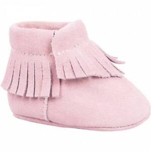 Baby Deer Pink Suede Moccasin Crawling Shoes with Fringe Trim Baby Size 1 2 3