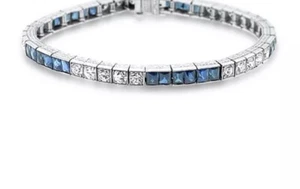 Princess Cut Simulated Sapphire & Diamond Estate Bracelet tennis 7" - Picture 1 of 5