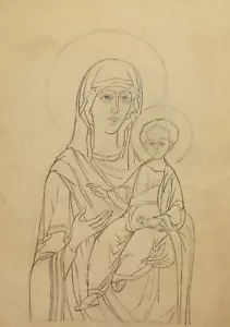 Vintage religious pencil drawing Virgin Mary with Christ child - Picture 1 of 11