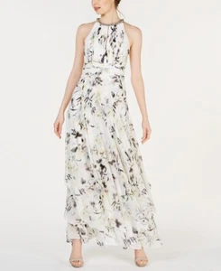 Calvin Klein Women's 10 Sleeveless Floral Halter Gown with Tiered Skirt Ivory - Picture 1 of 13