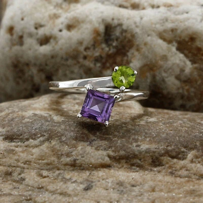 Natural Amethyst & Peridot Gemstone 925 Sterling Silver Women Adjustable Ring - Image 1 of 4