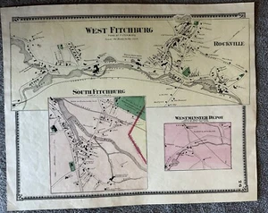 Fitchburg MA 1870 original colored map  Showing Homeowners  - Picture 1 of 2