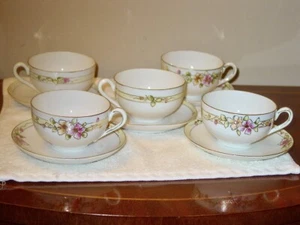 5 Vintage Hand Painted Nippon Moriage Tea Cups & Saucersa  Gold Pink Flowers - Bild 1 von 4