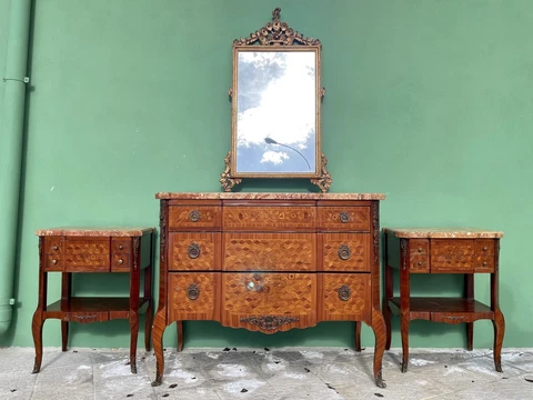 Dresser And Nightstands Genovesi Wood Of Rose Rich Inlay With Marble And Mirror Cover