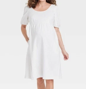 Ingrid & Isabel Puff Short Sleeve Linen Midi Maternity Dress with Pockets Medium - Picture 1 of 9
