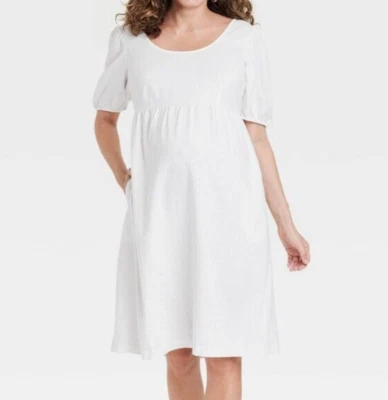 Ingrid & Isabel Puff Short Sleeve Linen Midi Maternity Dress with Pockets Medium - Image 1 of 4