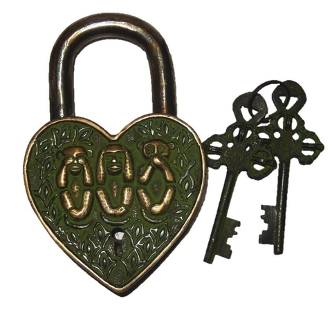 3 Wise Monkeys Engraved Heart Shape Vintage Antique Style Handmade Brass Padlock Cover