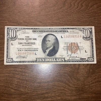 1929 Ten Dollar Bill $10 US Currency Note San Francisco California L 0059 9710 A - Image 1 of 4