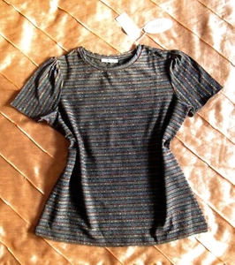 EDC ESPRIT WOMEN DAMEN KURZARM PARTY LUREX STRETCH SHIRT GESTREIFT L, 40 NEU - Bild 1 von 10