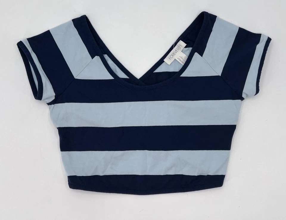 Forever 21 Shirt Womens Large Blue Blouse Striped V-Neck Cropped Braided Back  - Image 1 of 4