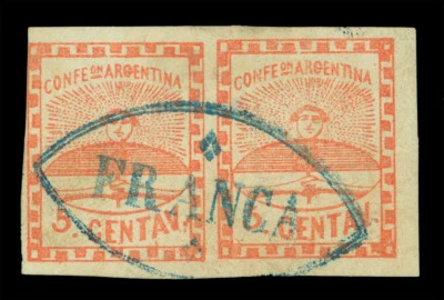 ARGENTINA 1858  Confederation 5c red  Sc#1 used VF-XF PAIR w/ blue  "FRANCA" cxl - Image 1 of 2